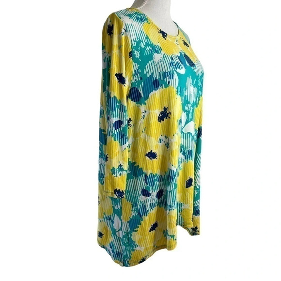 Ruby Rd Tunic Blouse Large Sharkbite Hem Floral Blue Yellow 3/4 Sleeves Stretch - Picture 2 of 5
